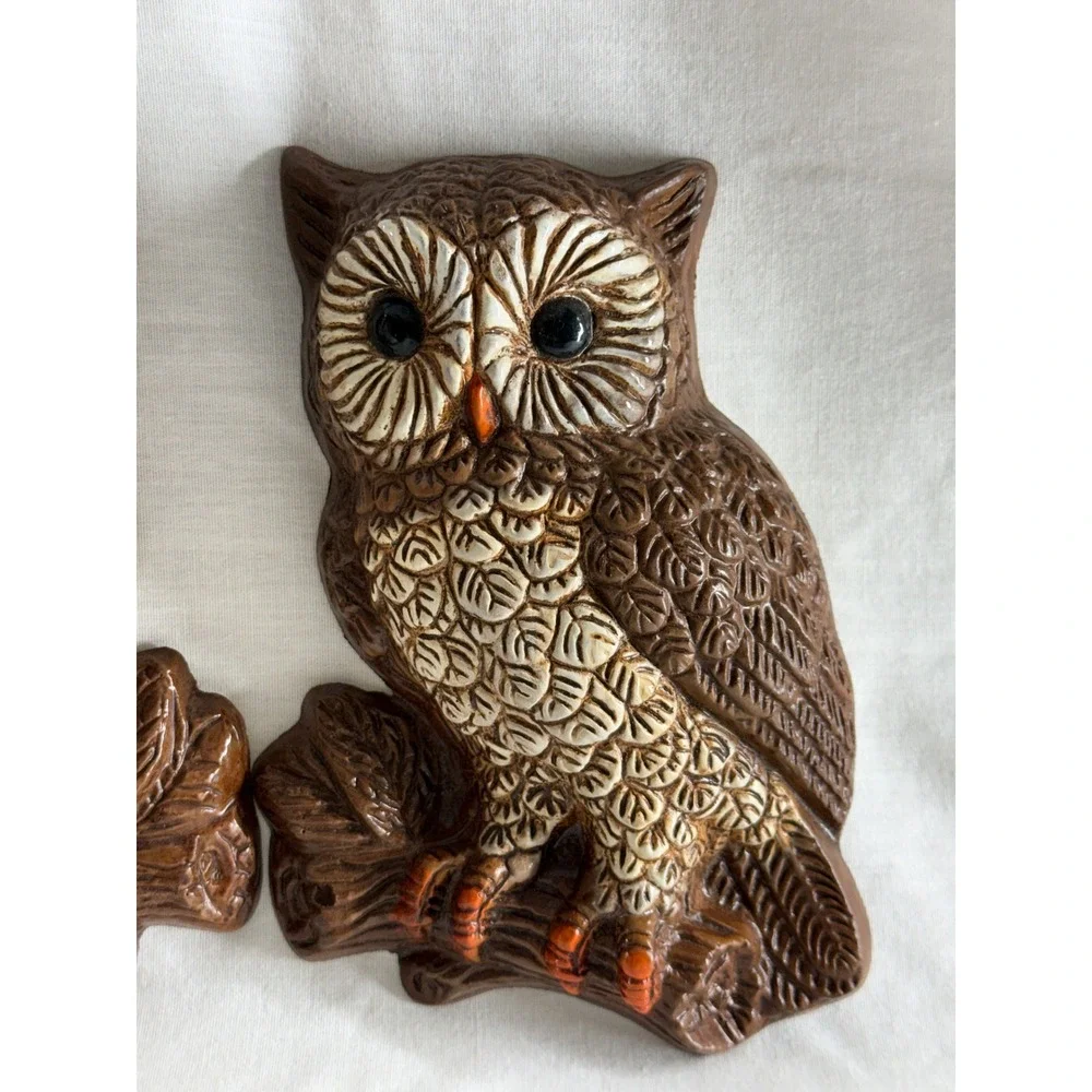 Vintage 1970s Owl Wall Plaques Pair Brown Faux Wood Textured Retro 7.5 Inch